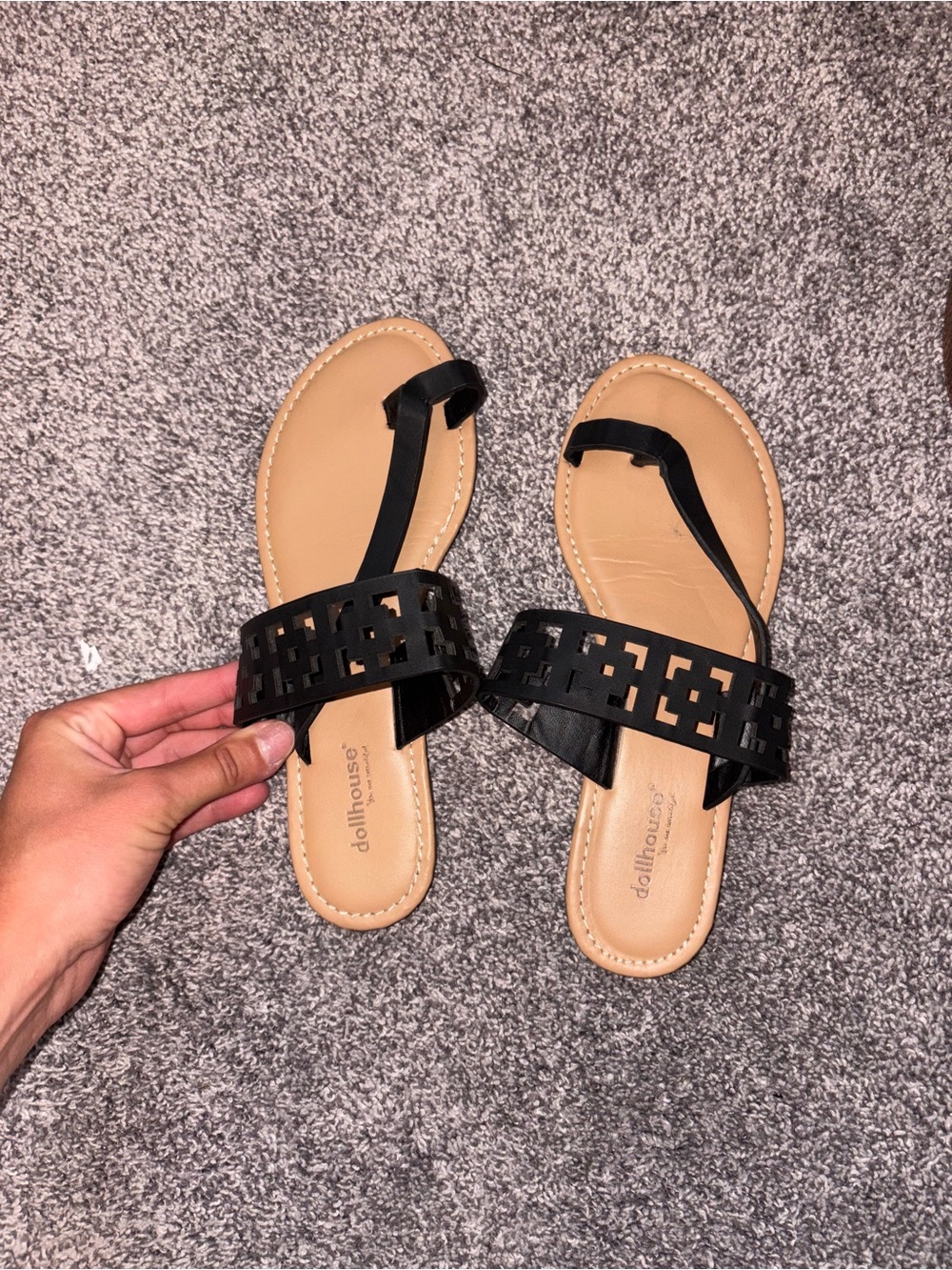 Dollhouse Black Cutout Strap Tan Footbed Sandals